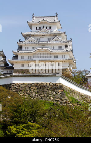 Le château Himeji restauré, vue du point de vue classique du parc du château. Un blanc brillant contre un ciel bleu sans nuages au printemps Banque D'Images