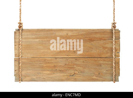 Panneau en bois suspendu à un câble isolé Banque D'Images