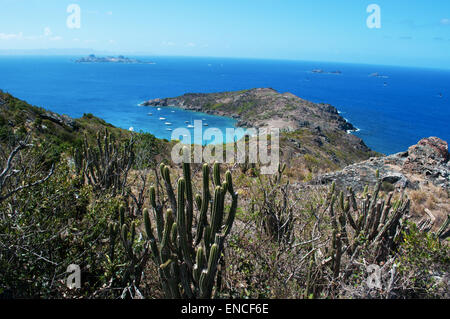 St Barth, Saint-barth, Saint-Barthélemy : la mer des Caraïbes et les voiliers ancrés dans la baie de Colombier et de la plage (plage de Rockefeller) Banque D'Images