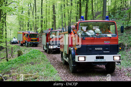 Bad Muender am Deister, Allemagne. 2ng, mai 2015. Les pompiers recherche pour le site de l'écrasement d'un petit avion près de Bad Muender am Deister, Allemagne, 02 mai 2015. Au moins une personne a été tuée lors de l'écrasement. Des dizaines de travailleurs de sauvetage avait été peignant par la forêt pour des débris de l'avion au cours de l'après-midi. PHOTO : JULIAN STRATENSCHULTE/dpa dpa : Crédit photo alliance/Alamy Live News Banque D'Images