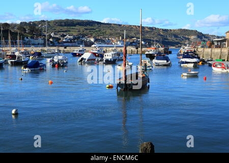 Lyme Regis vue sur port en direction de la ville, tente aménagée sur front de mer pour les combustibles festival, Dorset, England, UK Banque D'Images