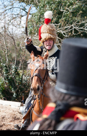 Le sergent du 7e Régiment d'artillerie à cheval de soldat de charge dans une reconstitution de la bataille de Waterloo 18 Juin 1815 Banque D'Images