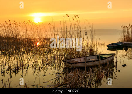 Coucher de soleil sur le lac Balaton en Hongrie avec un bateau Banque D'Images