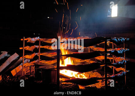 Poisson Saibling griller sur feu ouvert dans Fischerhütte, Altaussee, Styrie, Autriche Banque D'Images