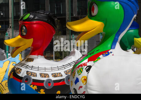 Liverpool, Merseyside, 3 mai, 2015. Gemma Seddon, artiste de l'environnement à partir de Londres, sa peinture "Duck" pour le projet de centre-ville LightNight, une équipe d'artistes est la décoration d'une multitude de canards géants à la vue du public au développement de l'île de Mann. Le Canard Liverpool Trail, commandé par AquaDucked, est d'être lancé sur LightNight pour présenter la créativité dynamique vivant à Liverpool. Banque D'Images