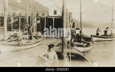 Cette photo capture Emil Nippa à bord d’un bateau de pêche arrivant à la conserverie du Pacifique Nord. Il reflète le rôle des conserveries dans l'industrie de la pêche et la vie quotidienne de ceux qui travaillent dans ce secteur important au début du XXe siècle. Banque D'Images