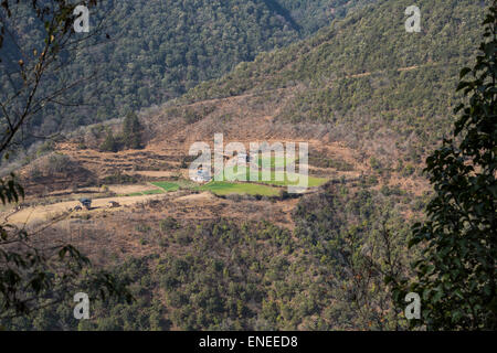 Maisons de ferme et champs dans les collines de l'Ouest, Asie Bhoutan Banque D'Images