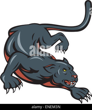 Cartoon style illustration de panthère noire big cat crouching situé sur fond blanc isolé. Banque D'Images