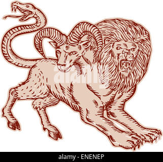 Gravure Gravure Illustration style fait main d'une chimère, créature mythique grec avec tête de lion et chèvre et la queue qui s'est terminée dans une tête du serpent vu de côté sur fond isolé. Banque D'Images