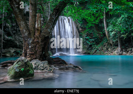 Jangle paysage avec de l'eau turquoise qui coule en cascade Erawan chute d'eau à des forêts tropicales. Parc national de Kanchanabu Banque D'Images
