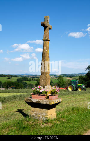 Croix de Pierre à Saint Medard en Forez en Loire du centre de la France avec des tas dans jardin Banque D'Images