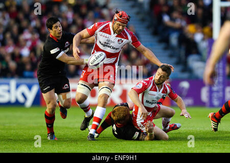 Londres, Royaume-Uni. 1er mai 2015. La Gloucester Greig Laidlaw tente de se décharger de la Gloucester Tom Palmer, mais il est frappé à - 2015 Rugby européen Challenge Cup final - Edinburgh Rugby v Gloucester Rugby - Stade de Twickenham Stoop - Londres - 01/05/2015 - Pic Charlie/Forgham-Bailey Sportimage/Cal Sport Media/Alamy Live News Banque D'Images