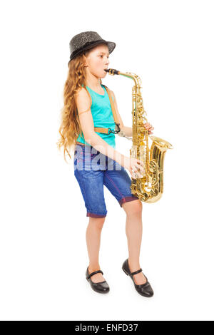 Beautiful Girl with hat playing saxophone alto Banque D'Images