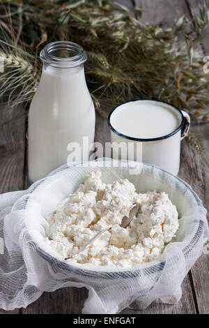 Le lait, le fromage cottage, le blé et les grains d'avoine sur le vieux fond de bois. Concept de vacances judaïque de Chavouot. Banque D'Images