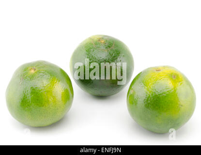 Trois fruits orange vert isolé sur fond blanc Banque D'Images