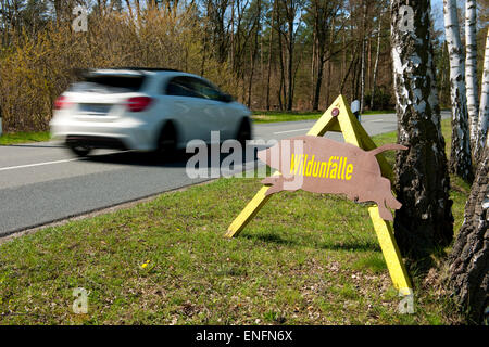 Signer avec le mot allemand 'Wildunfälle' avec une voiture, danger d'accidents de la faune, Basse-Saxe, Allemagne Banque D'Images