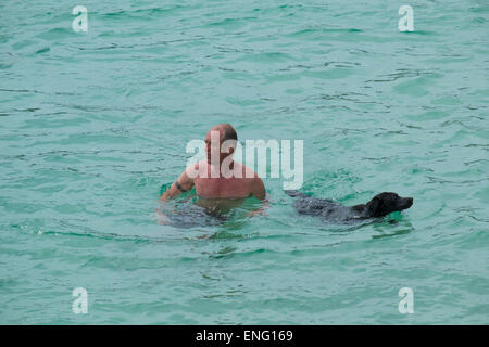 Un homme et son chien dans la mer à Cornwall Banque D'Images