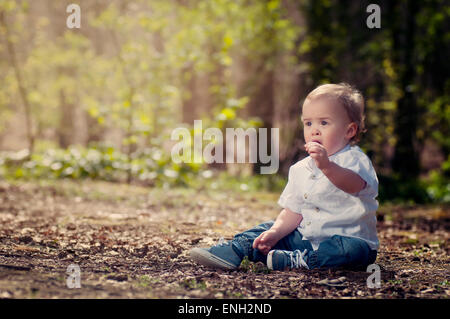 Le Portrait of cute Bébé garçon dans les bois Banque D'Images