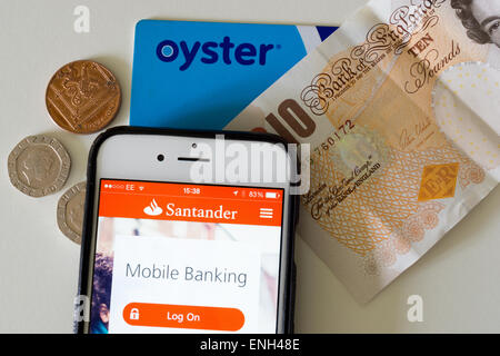 Diverses méthodes de paiement moderne, argent comptant, une carte de paiement sans contact et l'application mobile banking affiché sur un iPhone 6. Banque D'Images