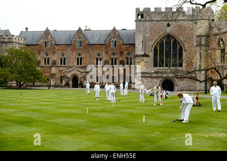 Au croquet sur la pelouse en face de l'Évêché, Wells, Somerset Banque D'Images