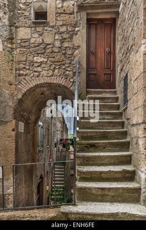 Marches de pierre à l'entrée principale, dans le style rustique, Pitigliano, Province de Grosseto, Italie Banque D'Images