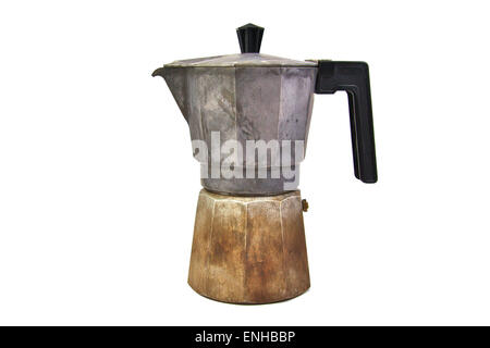 Vieux, utilisé et Rusty cafetière italienne isolé sur fond blanc Banque D'Images