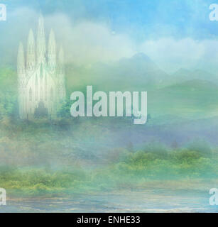 Transport de chevaux et un château médiéval Banque D'Images