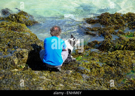 Un homme et son chien sur des rochers surplombant la mer à St Ives en Cornouailles Banque D'Images