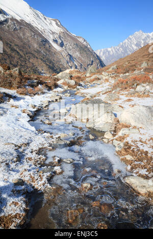 Cours d'eau gelé près de Kyanjin Gomba, Langtang, Népal Banque D'Images