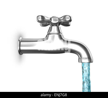 Un robinet d'eau à l'eau isolé sur blanc Banque D'Images