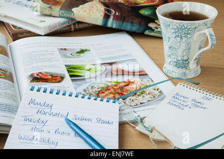 Un bloc-notes avec un plan de repas sain pour la semaine à venir et une liste d'achats sur un plan d'examen à côté d'un livre de cuisine ouvert et une tasse de café noir. Banque D'Images