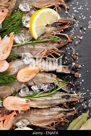 Crevettes fraîches aux épices sur fond noir en noir. Vue d'en haut Banque D'Images