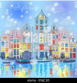 Noël vecteur d'un canal à Amsterdam et maisons néerlandais Banque D'Images