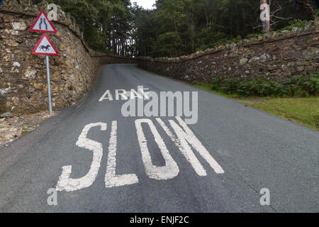 Welsh lane avec l'ARAF écrit blanc, lent et bilingue en anglais et gallois. Pays de Galles, Royaume-Uni. Banque D'Images