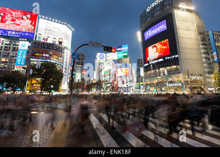 Enseignes au néon et de passage pour piétons (la ruée) de nuit, gare de Shibuya, Shibuya, Tokyo, Japon, Asie Banque D'Images