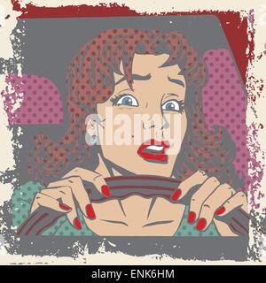 Peur femme derrière le volant d'une voiture style rétro pop art bande dessinée demi-teinte. Imitation de vieux illustrations. Effet Delave Illustration de Vecteur