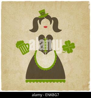 St Patrick Day girl with beer mug et clover fond vieux - vector illustration EPS 10. Illustration de Vecteur