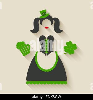 St Patrick Day girl with beer mug et trèfle - vector illustration EPS 10. Illustration de Vecteur