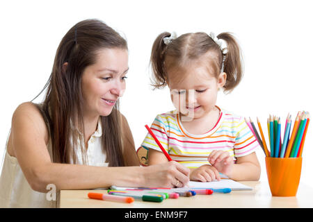 Mère et fille enfant dessin et peinture Banque D'Images