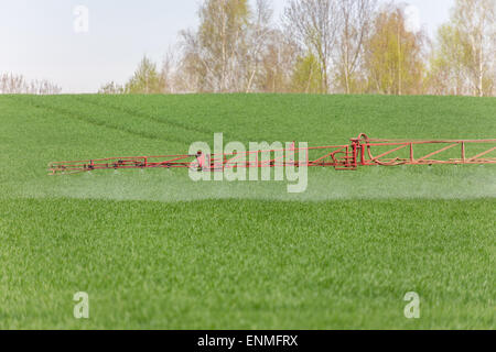 La pulvérisation des herbicides sur le champ vert Banque D'Images