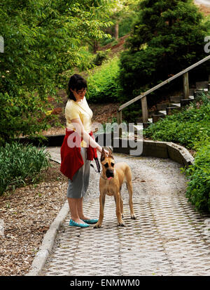 Une femme avec son chien Dogue Allemand debout dans le parc. Banque D'Images