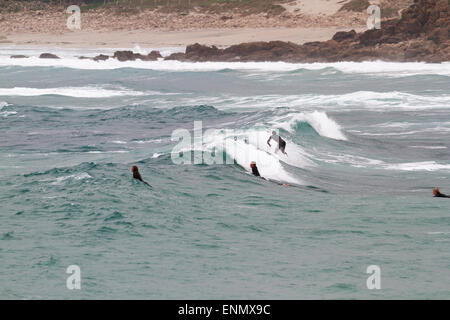 L'ANSE DE SENNEN, Cornwall, Angleterre - 22 octobre 2014 : Surfers attraper une vague lors d'une froide journée d'automne, le 22 octobre 2014 dans Sennen Co Banque D'Images