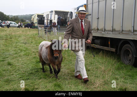 L'homme conduisant poney Shetland à Egton dans Yorkshire du Nord Salon de l'agriculture Banque D'Images