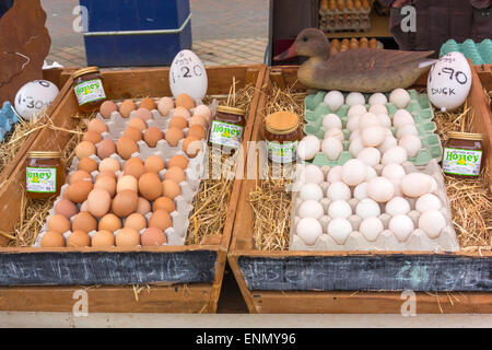 Un affichage des poules et oeufs brun canard blanc d'oeufs et de miel de bruyère sur un marché de producteurs spécialisés stall Banque D'Images