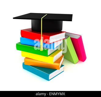 Livres colorés et graduation cap, isoler on white Banque D'Images