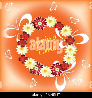 Temps de printemps avec fleurs, papillons et le texte au centre Illustration de Vecteur