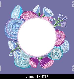 Bleu et violet roses disposées en forme d'une couronne de parfait pour les invitations de mariage et cartes d'anniversaire. Illustration de Vecteur