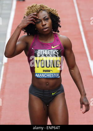 Manchester, Angleterre. 9 mai, 2015. Jessica Young après avoir remporté le Women's 100m au Great Manchester Jeux. Photo : Alamy Live News/ Simon Newbury Banque D'Images