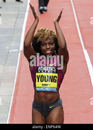 Manchester, Angleterre. 9 mai, 2015. Jessica Young après avoir remporté le Women's 100m au Great Manchester Jeux. Photo : Alamy Live News/ Simon Newbury Banque D'Images