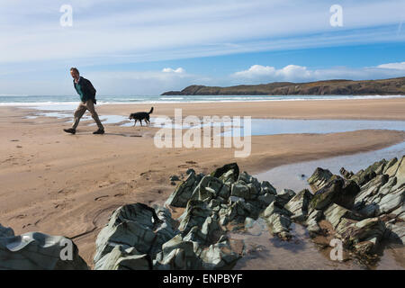 Homme marchant sur la plage et le littoral pour chiens lors d'une journée venteuse à Whitesands Bay, dans le parc national de la côte de Pembrokeshire, au pays de Galles, au Royaume-Uni, en mai Banque D'Images